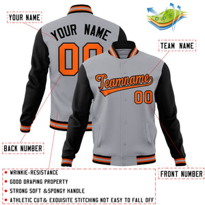 Veste Letterman Varsity Full-Snap à manches raglan gris orange-noir personnalisée