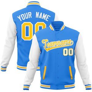 Custom Powder Blue Gold-White Raglan Sleeves Varsity Full-Snap Letterman Jacket