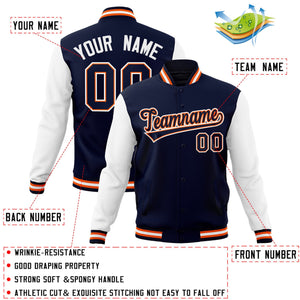 Custom Navy Navy-Orange Raglan Sleeves Varsity Full-Snap Letterman Jacket