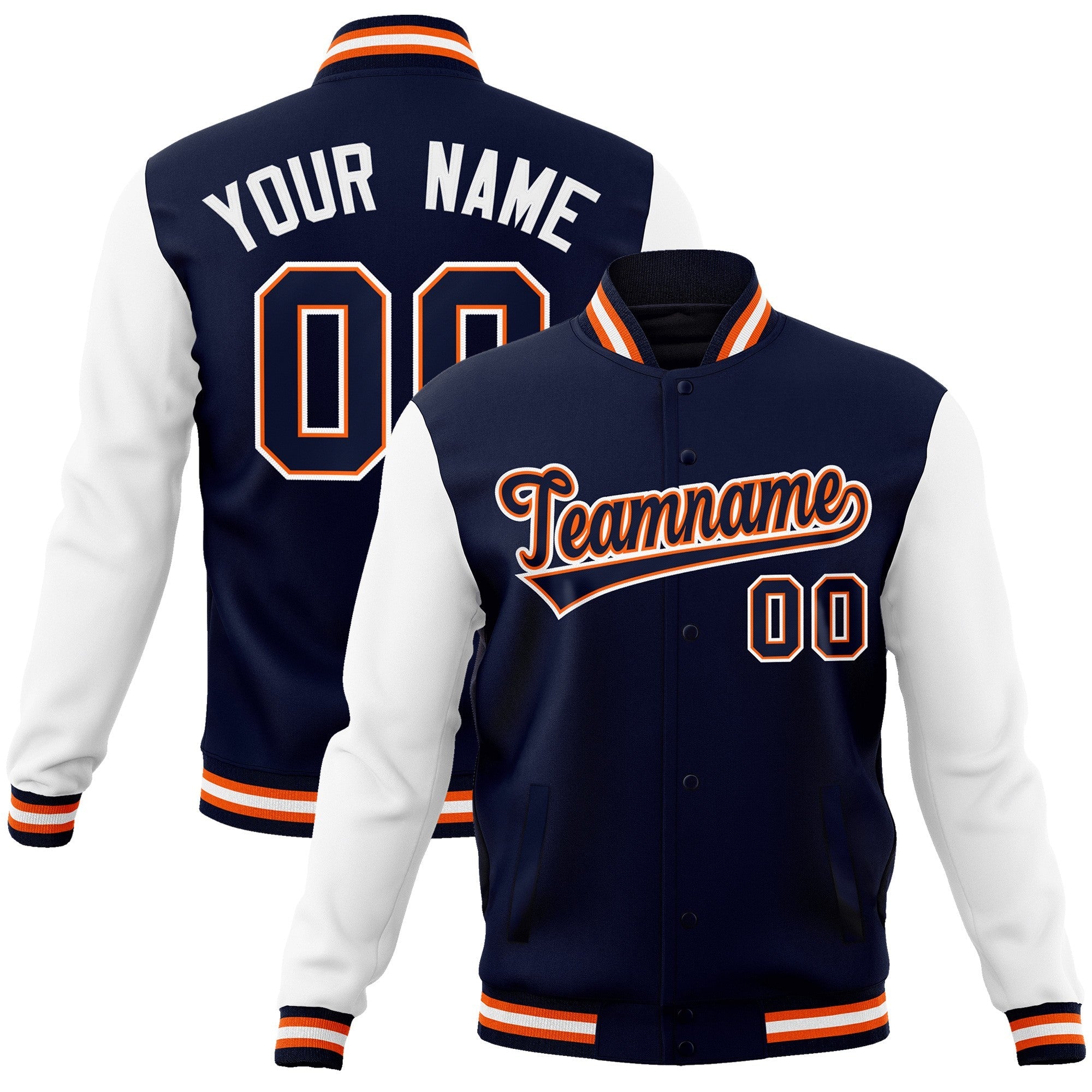 Custom Navy Navy-Orange Raglan Sleeves Varsity Full-Snap Letterman Jacket