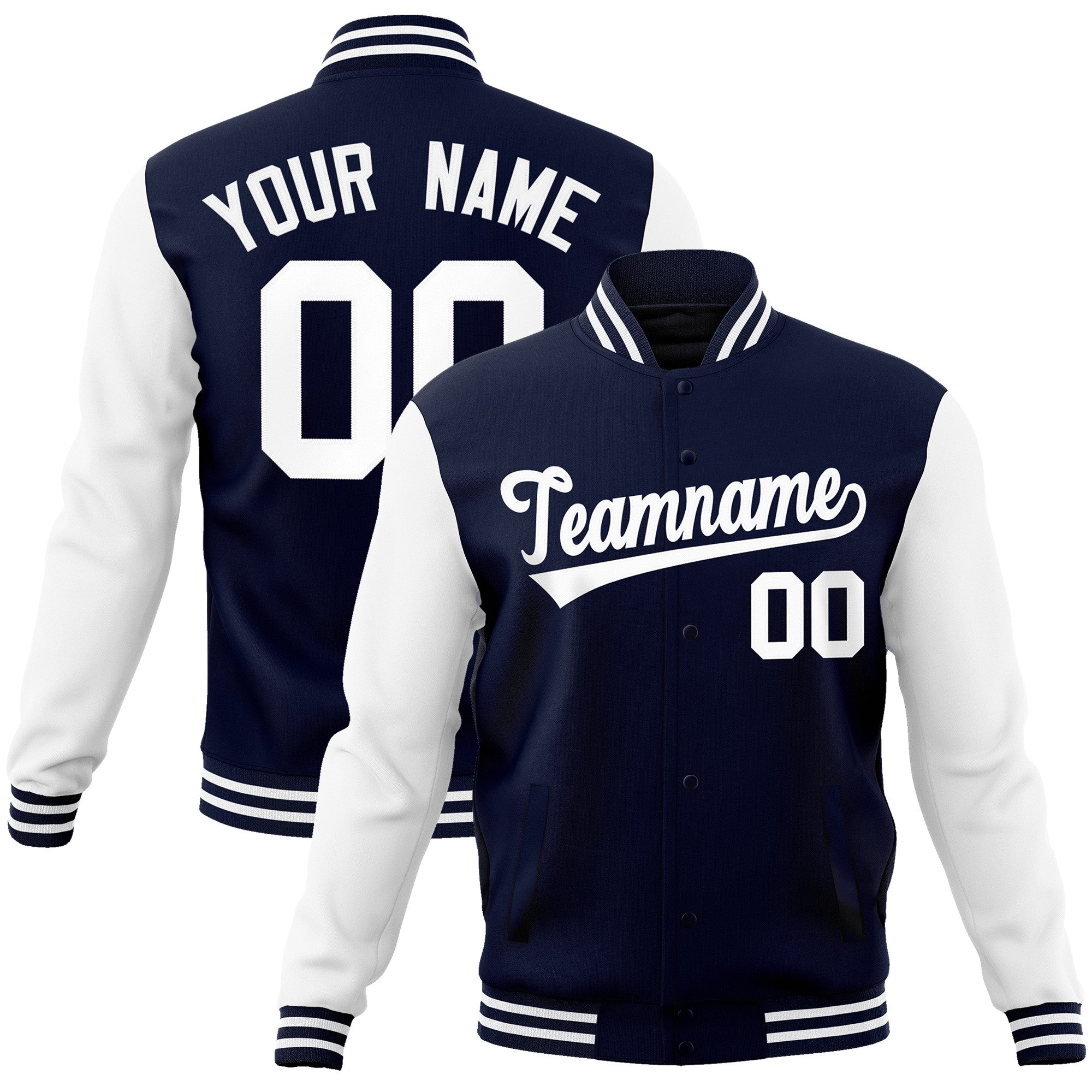 Custom Navy White Raglan Sleeves Varsity Full-Snap Letterman Jacket