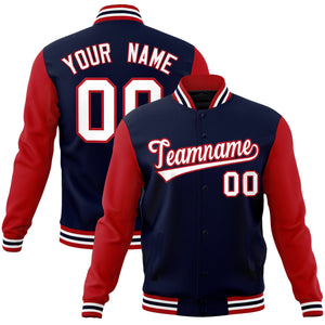 Custom Navy White-Red Raglan Sleeves Varsity Full-Snap Letterman Jacket