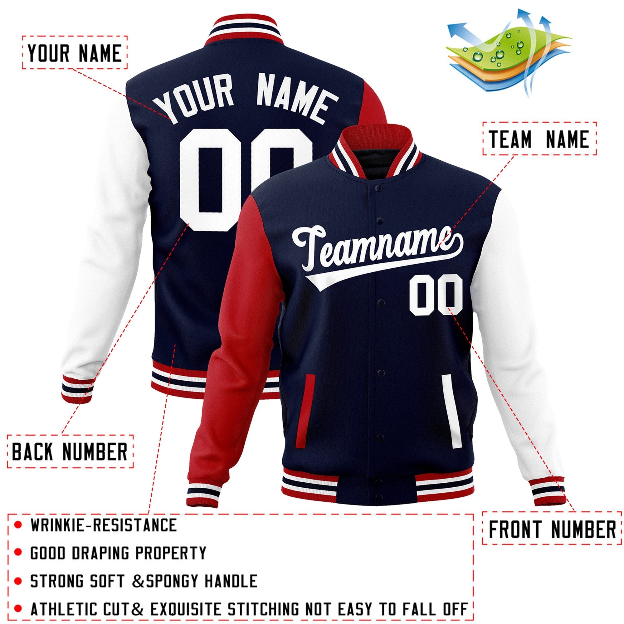 Veste Letterman Varsity Full-Snap à manches raglan blanches et personnalisées