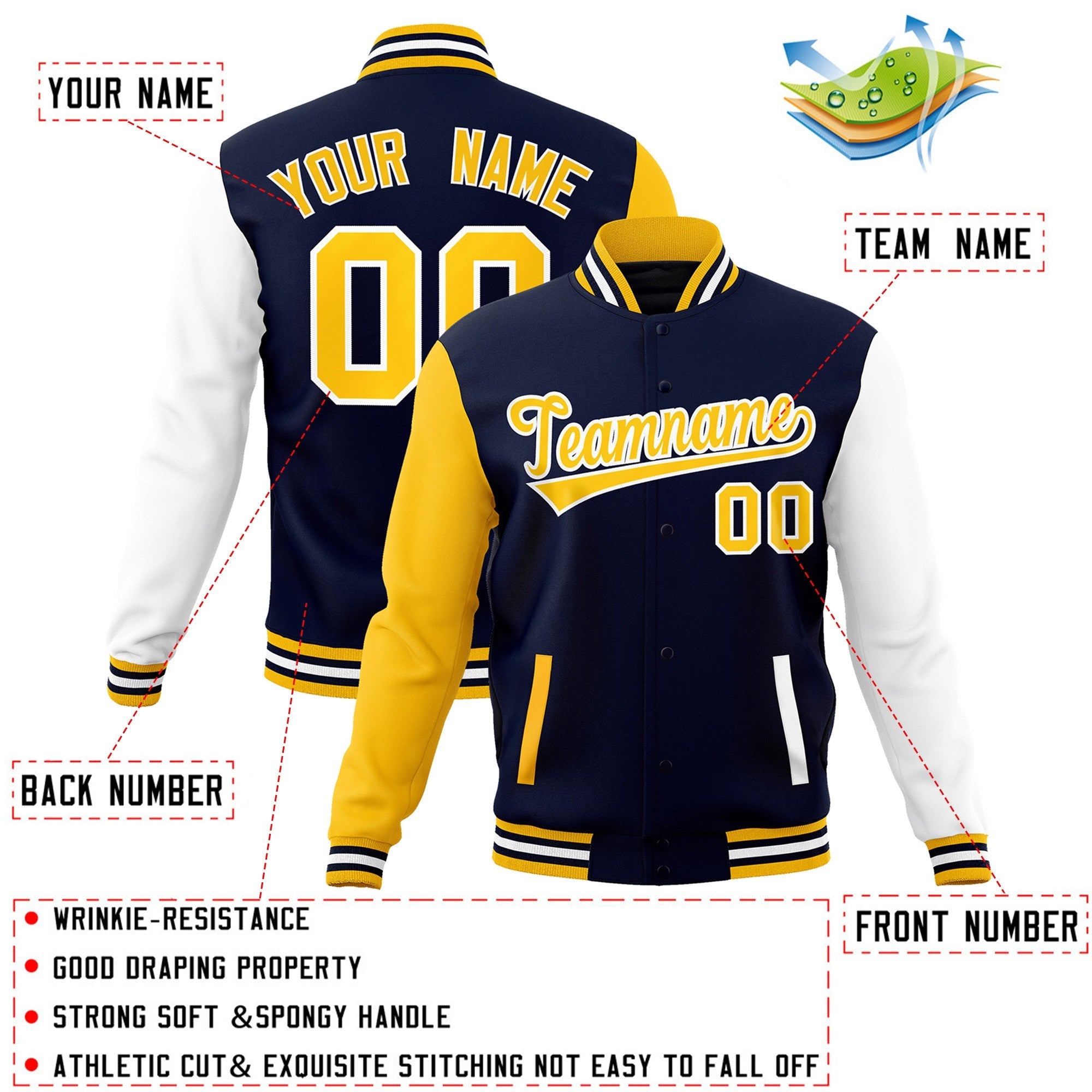 Custom Navy Gold-White Raglan Sleeves Varsity Full-Snap Letterman Jacket