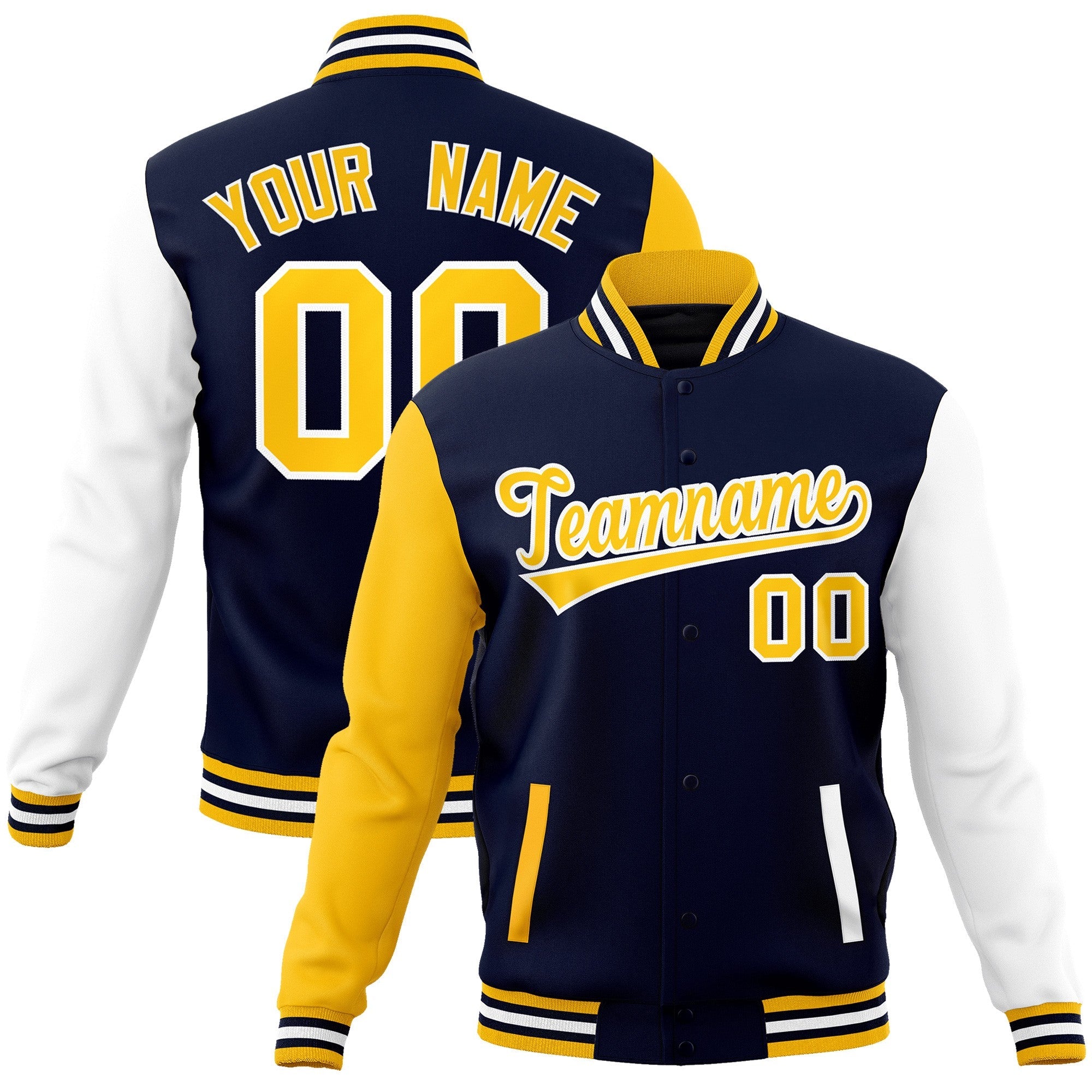 Custom Navy Gold-White Raglan Sleeves Varsity Full-Snap Letterman Jacket