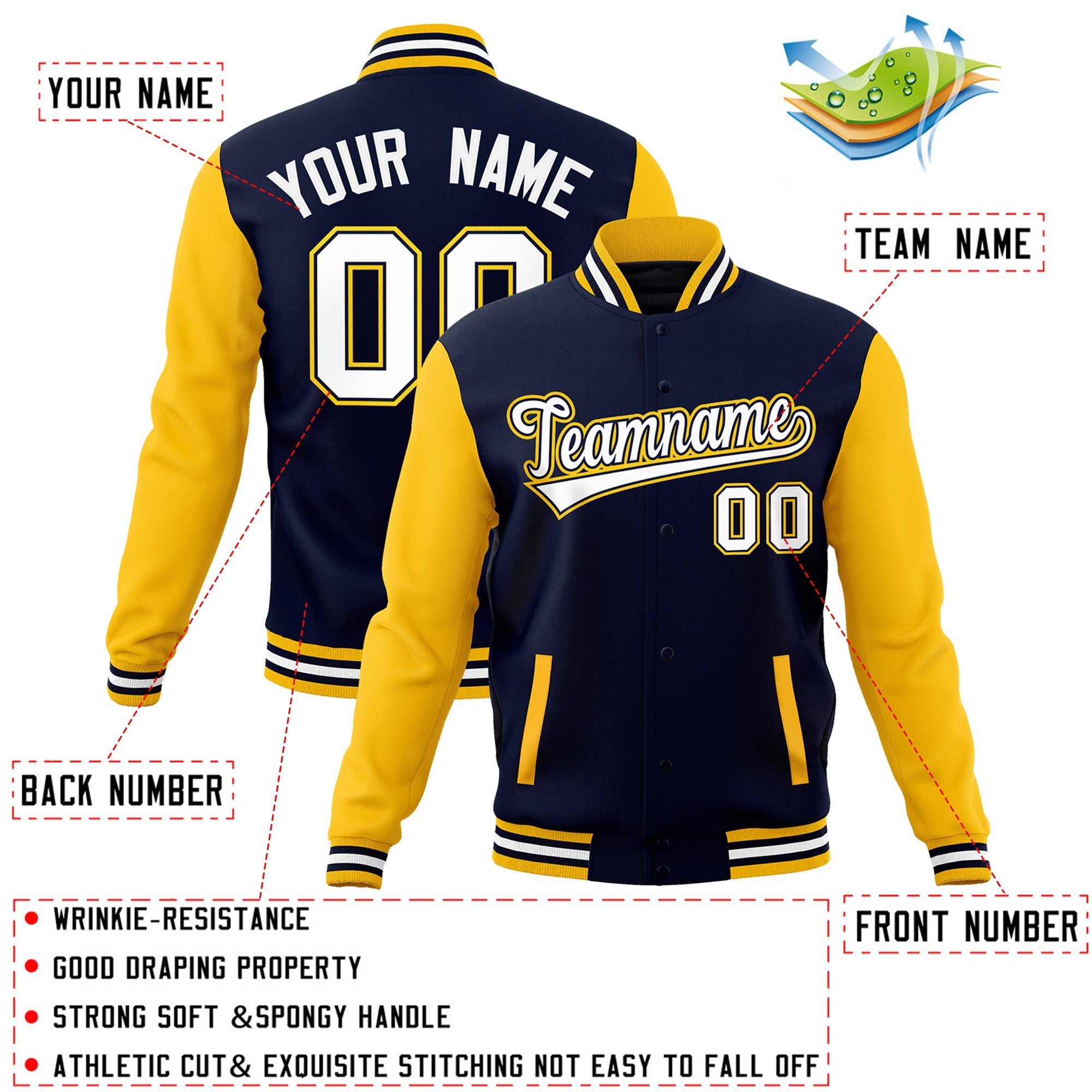 Custom Navy White-Navy Raglan Sleeves Varsity Full-Snap Letterman Jacket