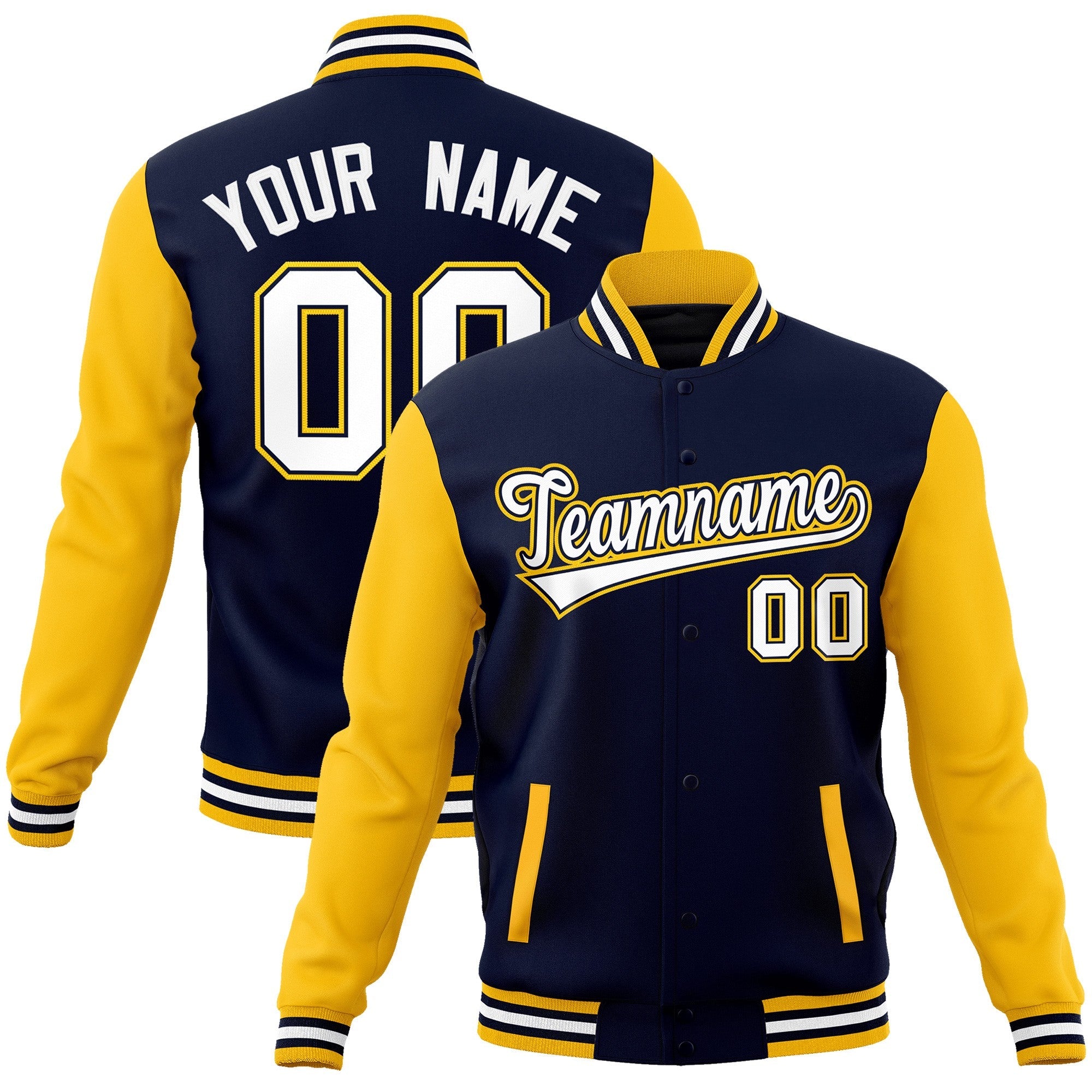 Custom Navy White-Navy Raglan Sleeves Varsity Full-Snap Letterman Jacket