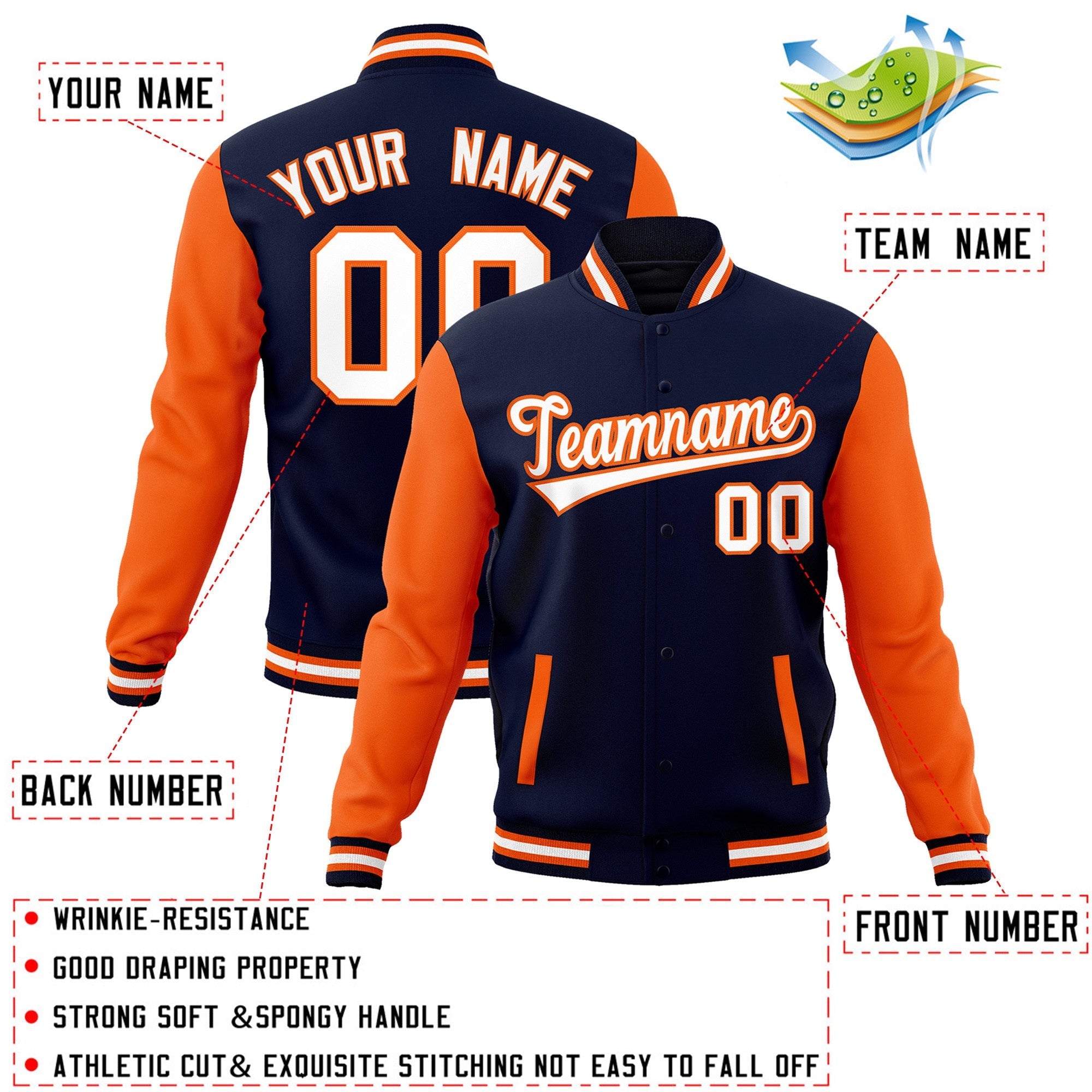 Custom Navy White-Orange Raglan Sleeves Varsity Full-Snap Letterman Jacket