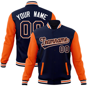 Custom Navy Navy-Orange Raglan Sleeves Varsity Full-Snap Letterman Jacket