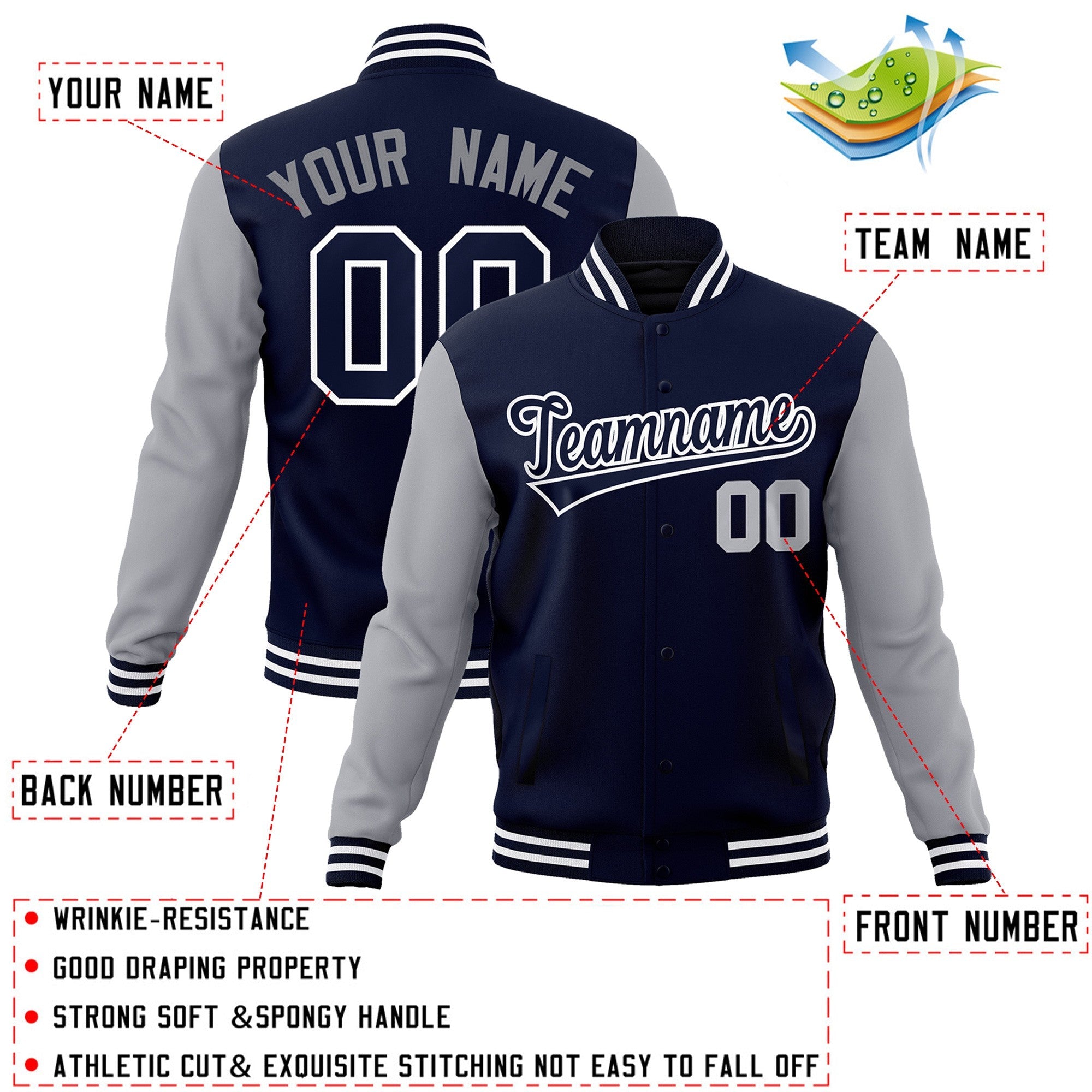 Veste Letterman Varsity à manches raglan bleu marine et blanc personnalisée