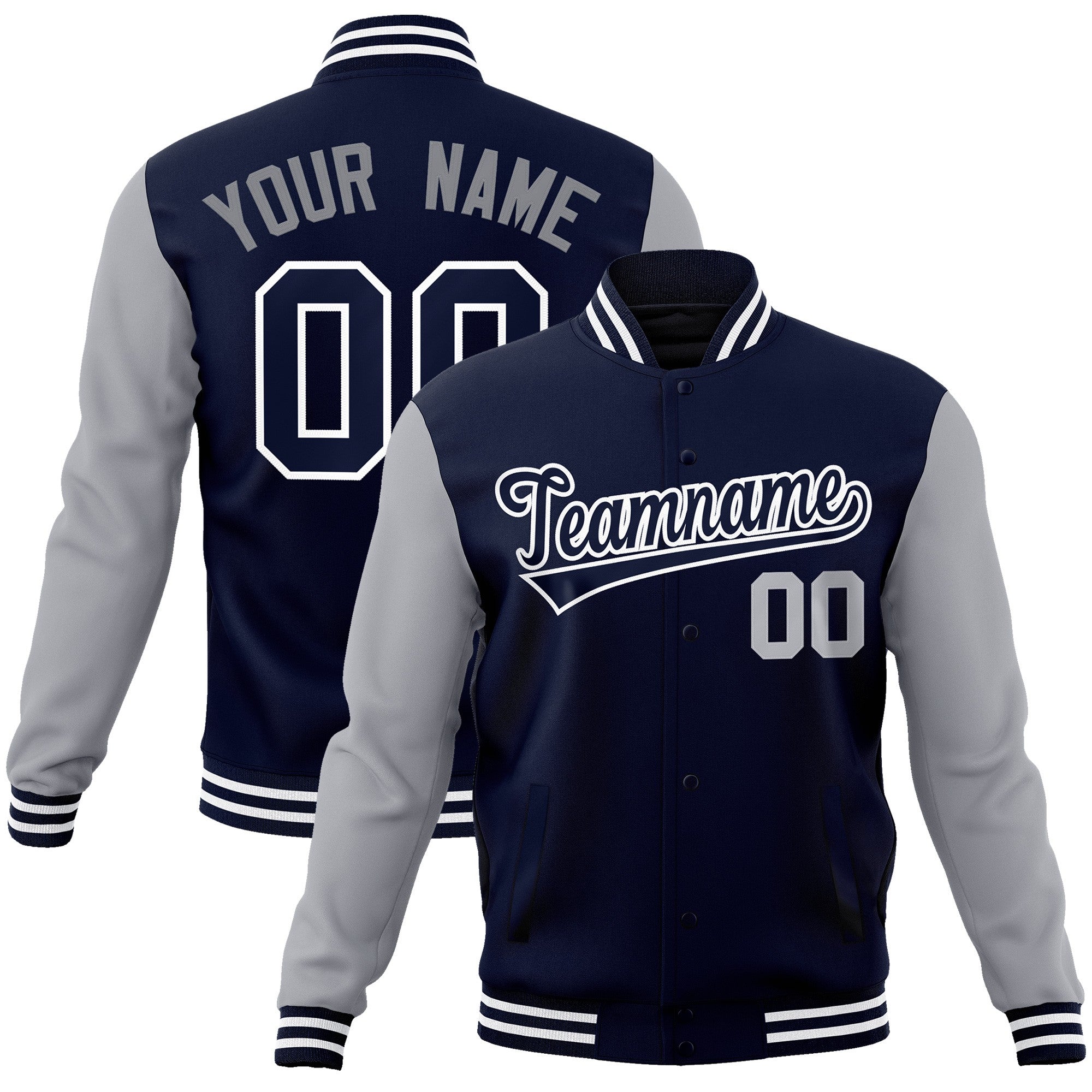 Custom Navy Navy-White Raglan Sleeves Varsity Full-Snap Letterman Jacket