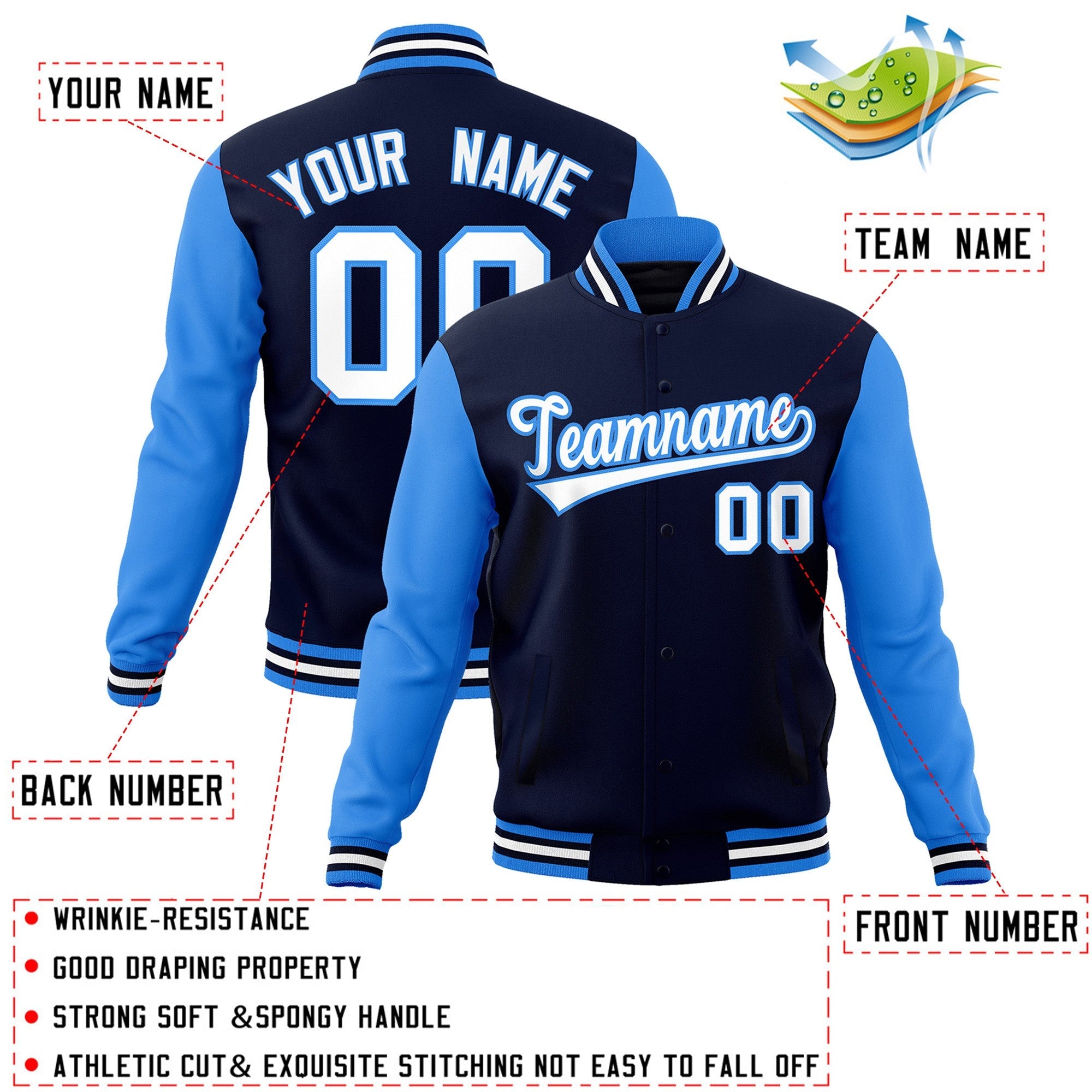 Custom Navy White-Powder Blue Raglan Sleeves Varsity Full-Snap Letterman Jacket