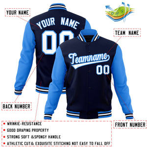 Veste Letterman Varsity Full-Snap à manches raglan bleu marine et bleu poudré personnalisée