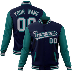 Custom Navy Gray-Navy Raglan Sleeves Varsity Full-Snap Letterman Jacket