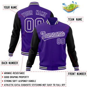 Veste Letterman Varsity Full-Snap à manches raglan violet-blanc personnalisée