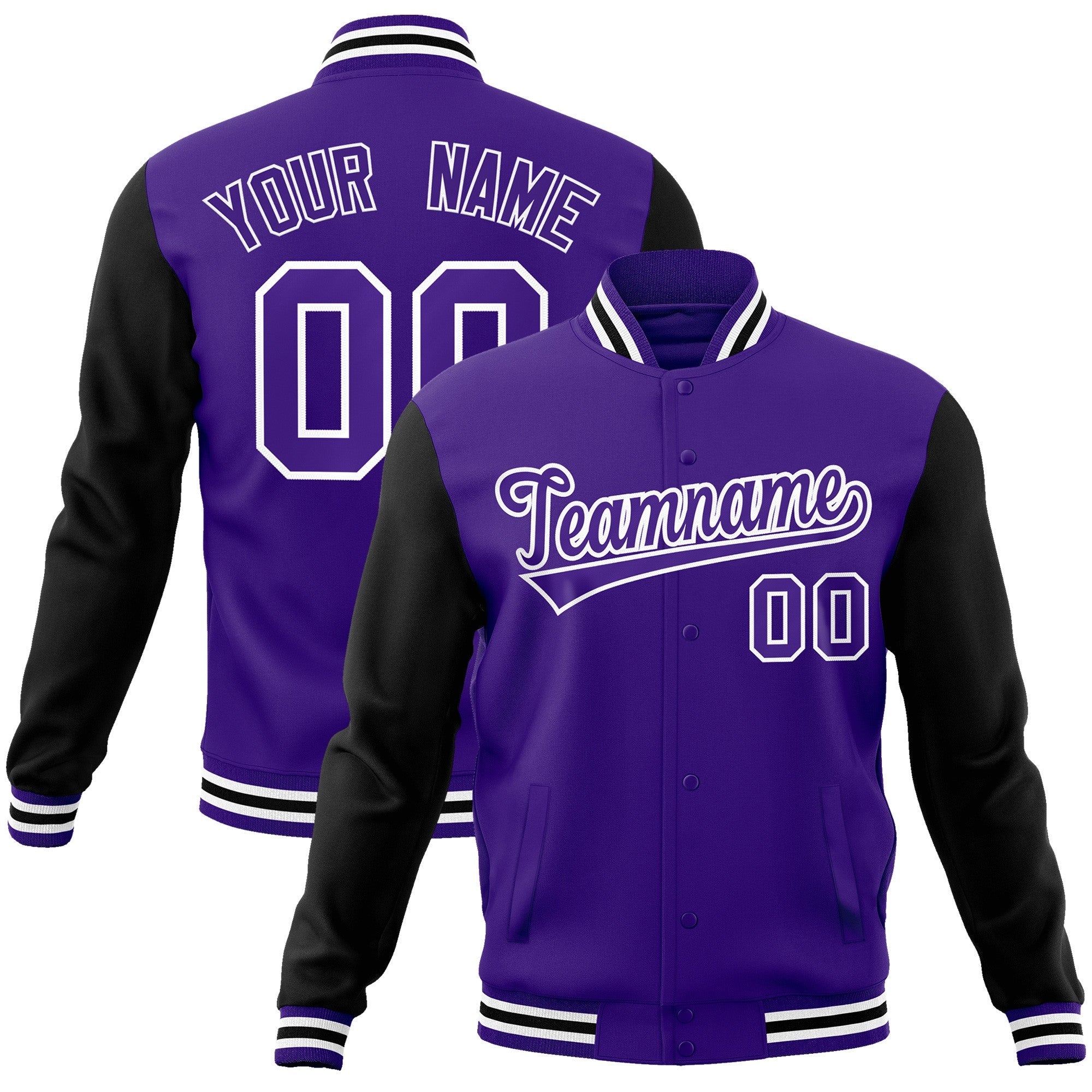 Custom Purple Purple-White Raglan Sleeves Varsity Full-Snap Letterman Jacket