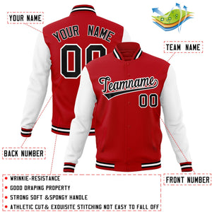 Veste Letterman Varsity Full-Snap à manches raglan rouge noir-blanc personnalisée