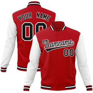 Custom Red Black-White Raglan Sleeves Varsity Full-Snap Letterman Jacket