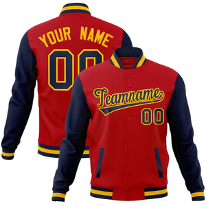 Custom Red Navy-Gold Raglan Sleeves Varsity Full-Snap Letterman Jacket