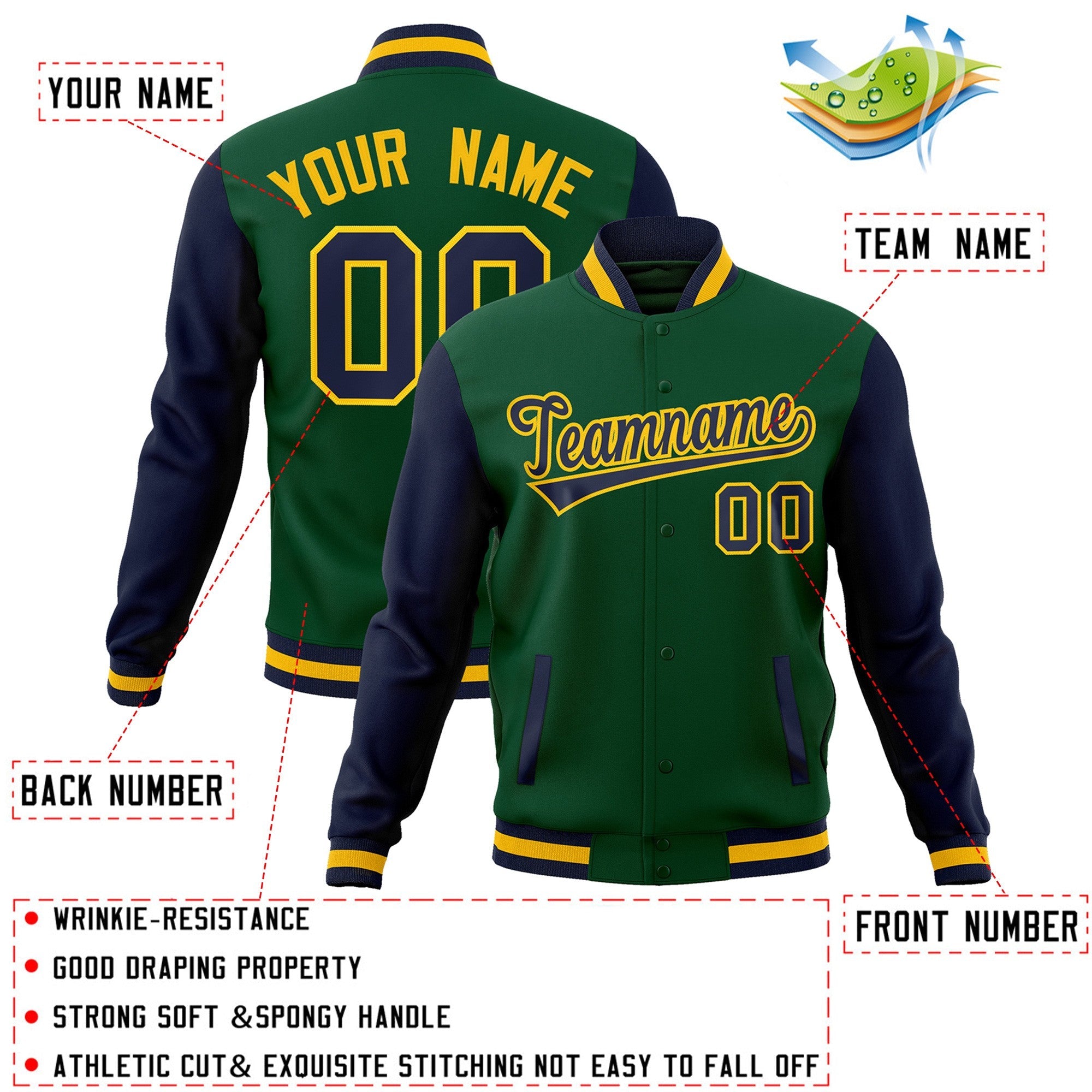 Custom Green Navy-Gold Raglan Sleeves Varsity Full-Snap Letterman Jacket