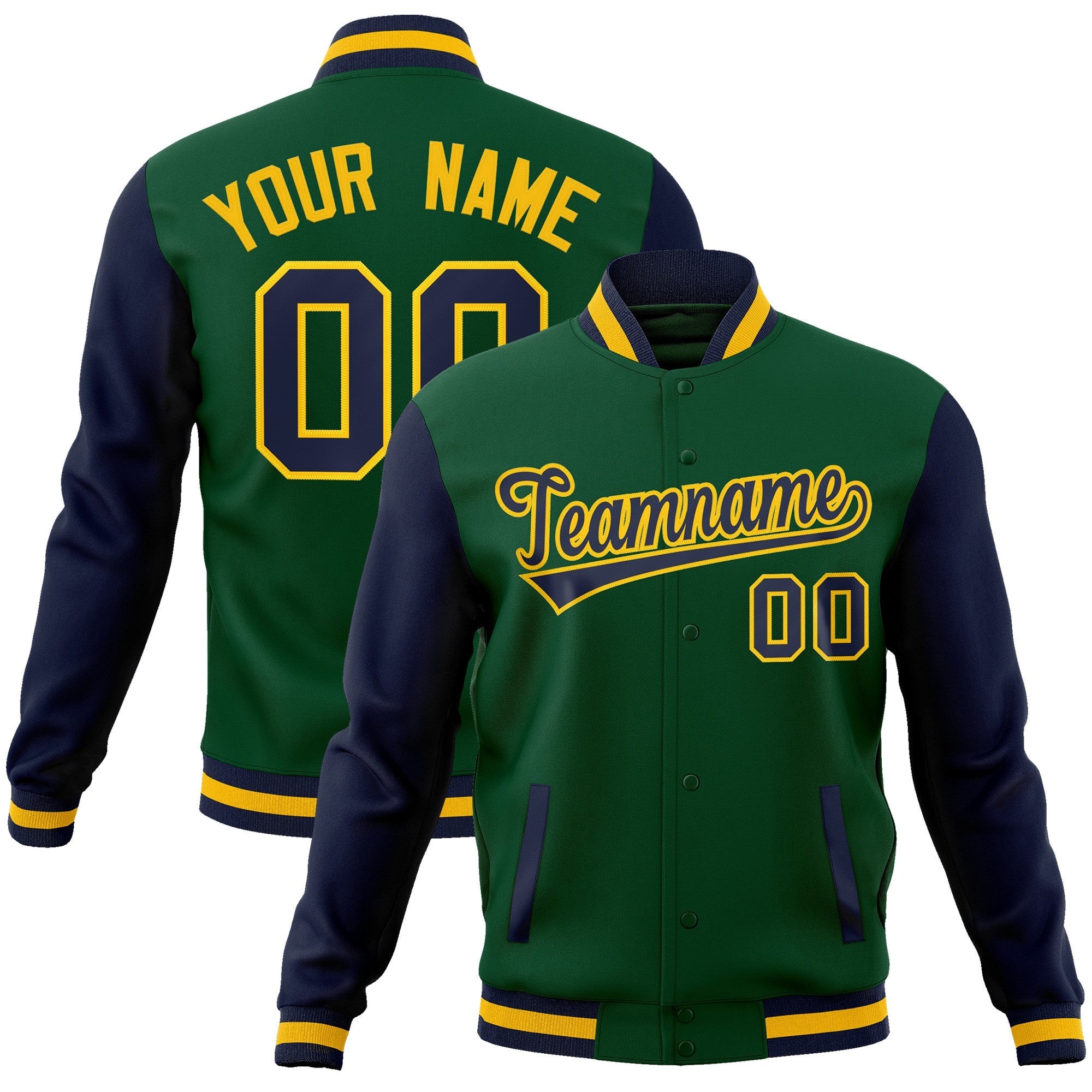 Custom Green Navy-Gold Raglan Sleeves Varsity Full-Snap Letterman Jacket