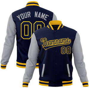 Custom Navy Navy-Gold Raglan Sleeves Varsity Full-Snap Letterman Jacket