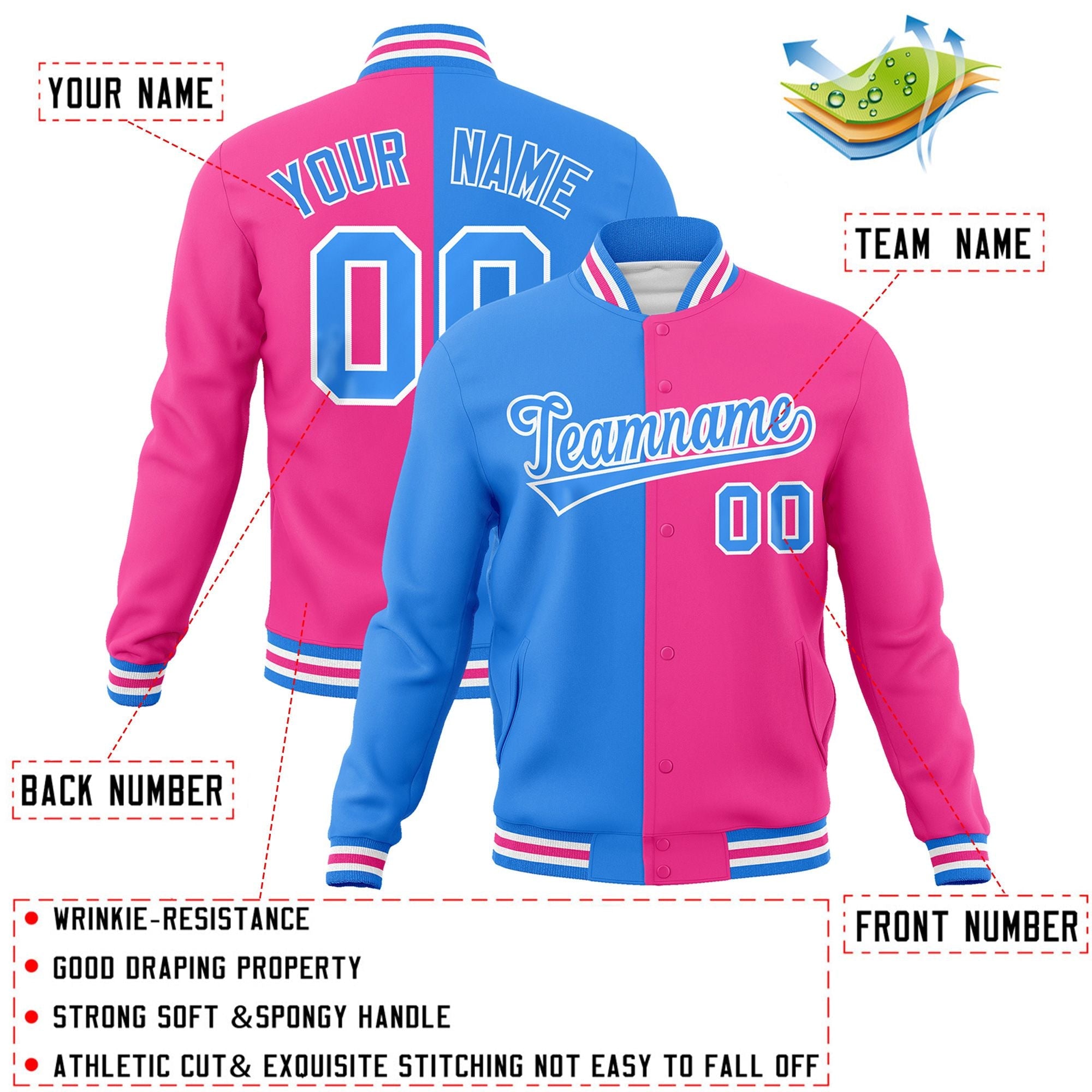 Veste de mode fendue bicolore bleu poudre personnalisée rose-bleu poudre Varsity Full-Snap Letterman