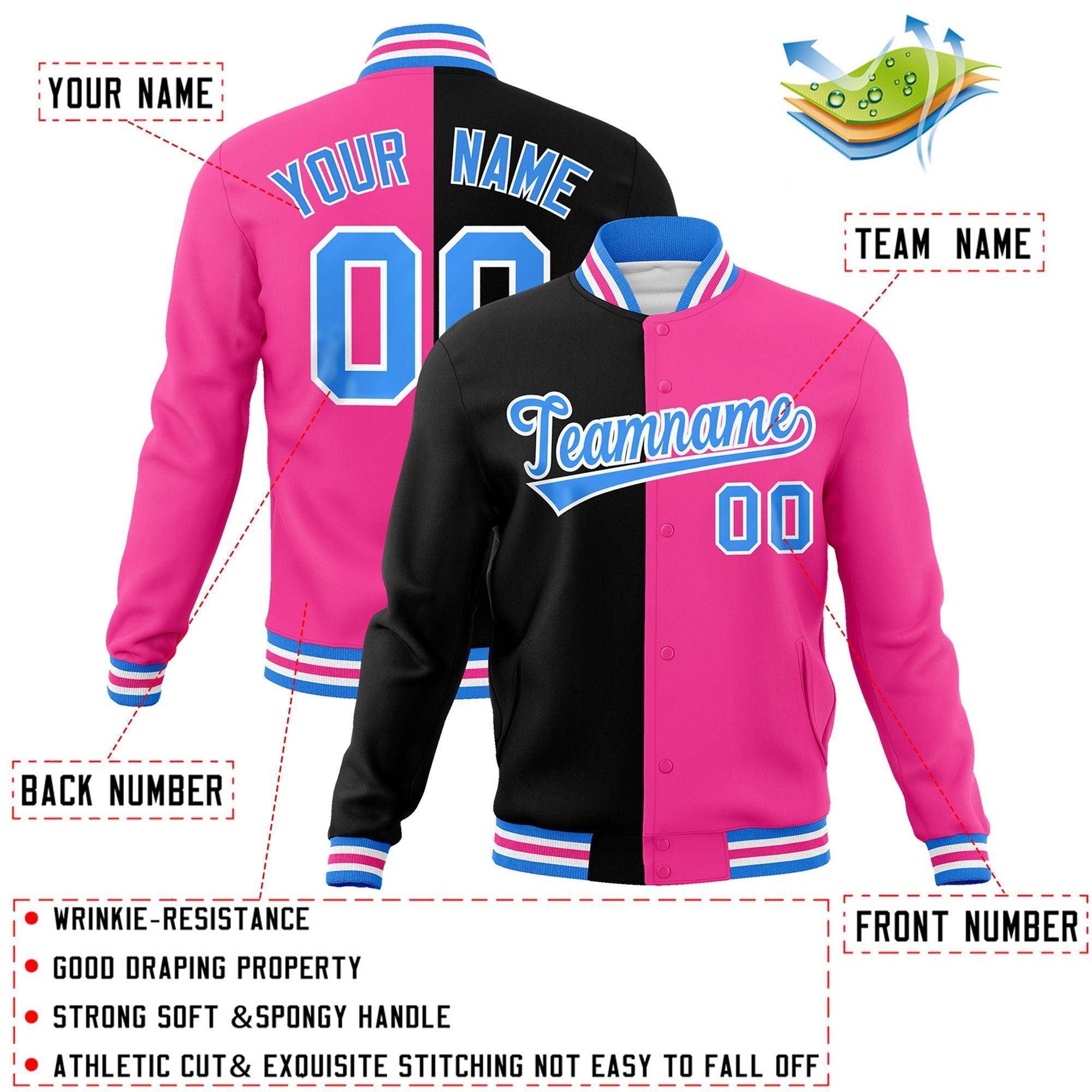 Veste de mode fendue bicolore personnalisée noir rose-bleu poudre Varsity Letterman