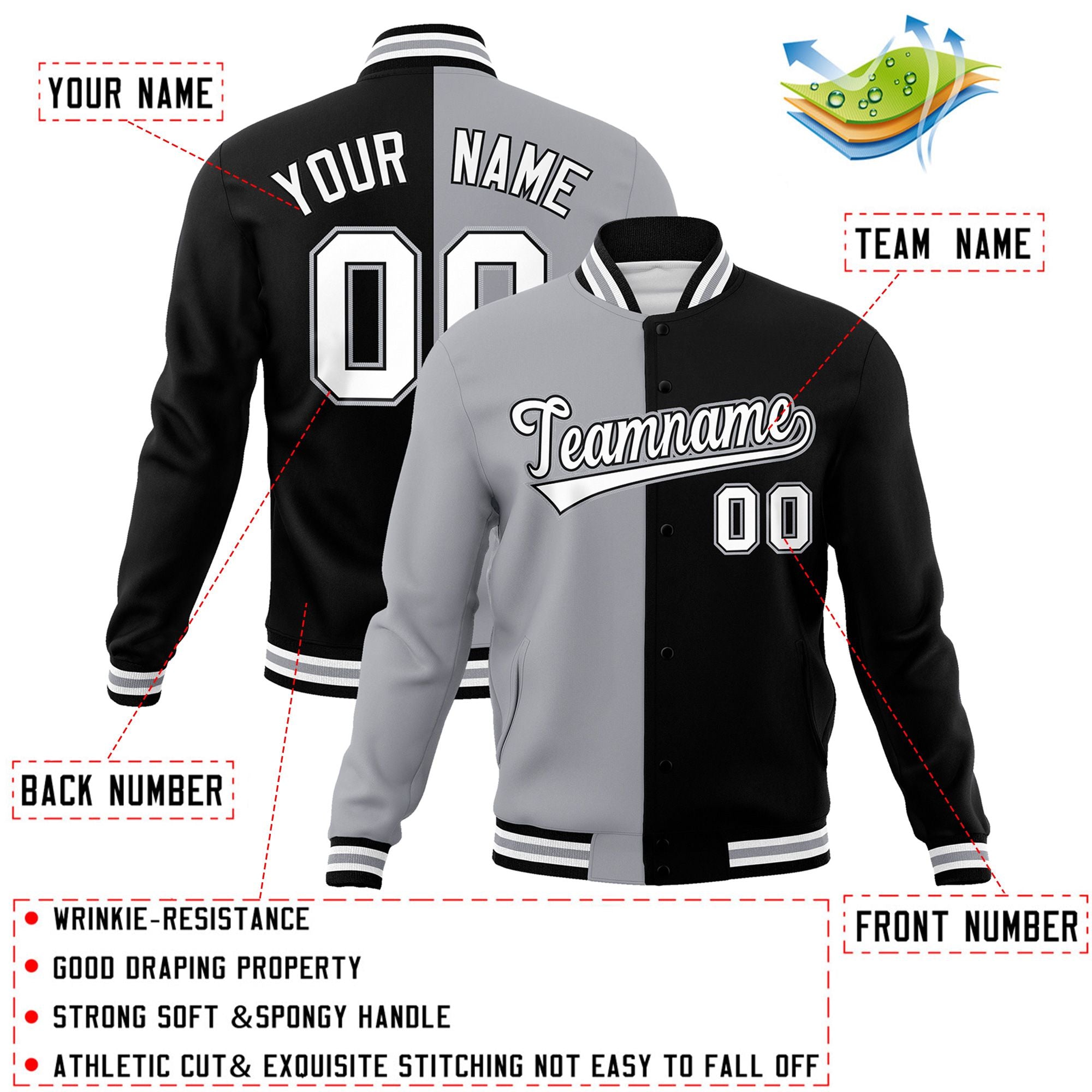 customize two tone split baseball uniform jacket for men