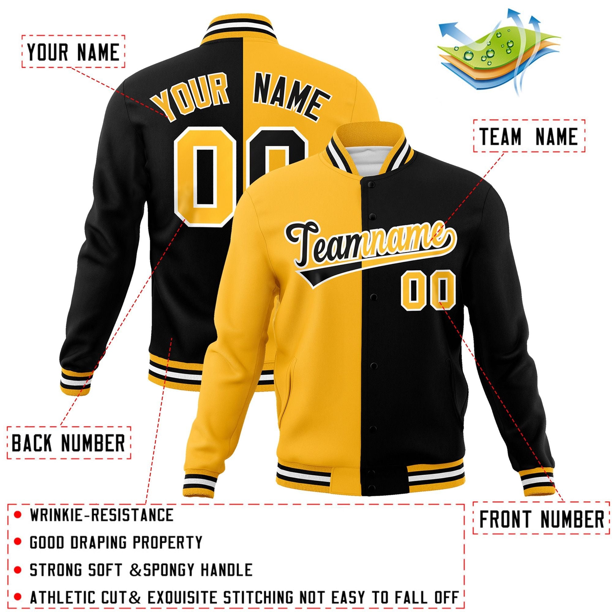 Veste de mode fendue bicolore personnalisée jaune noir-noir Varsity Full-Snap Letterman