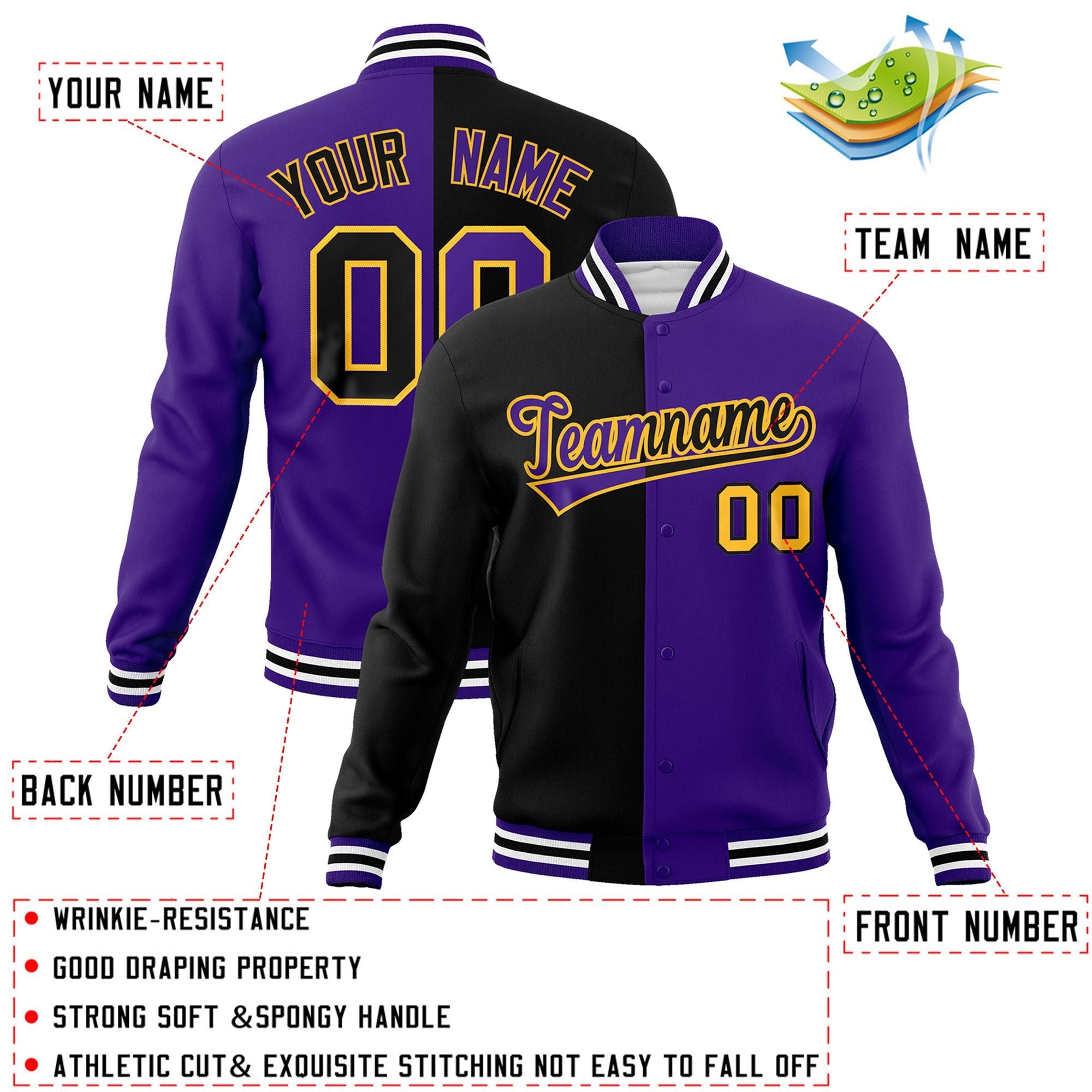 Veste de mode fendue bicolore personnalisée noir violet-violet Varsity Letterman