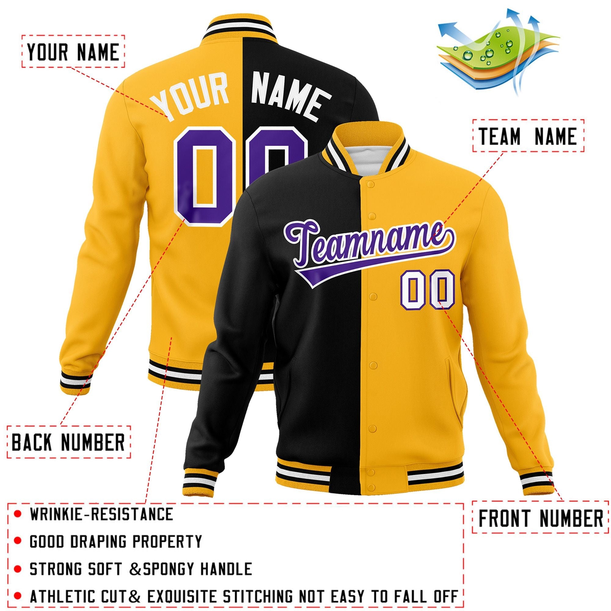 Veste de mode fendue bicolore personnalisée noir jaune-violet Varsity Letterman