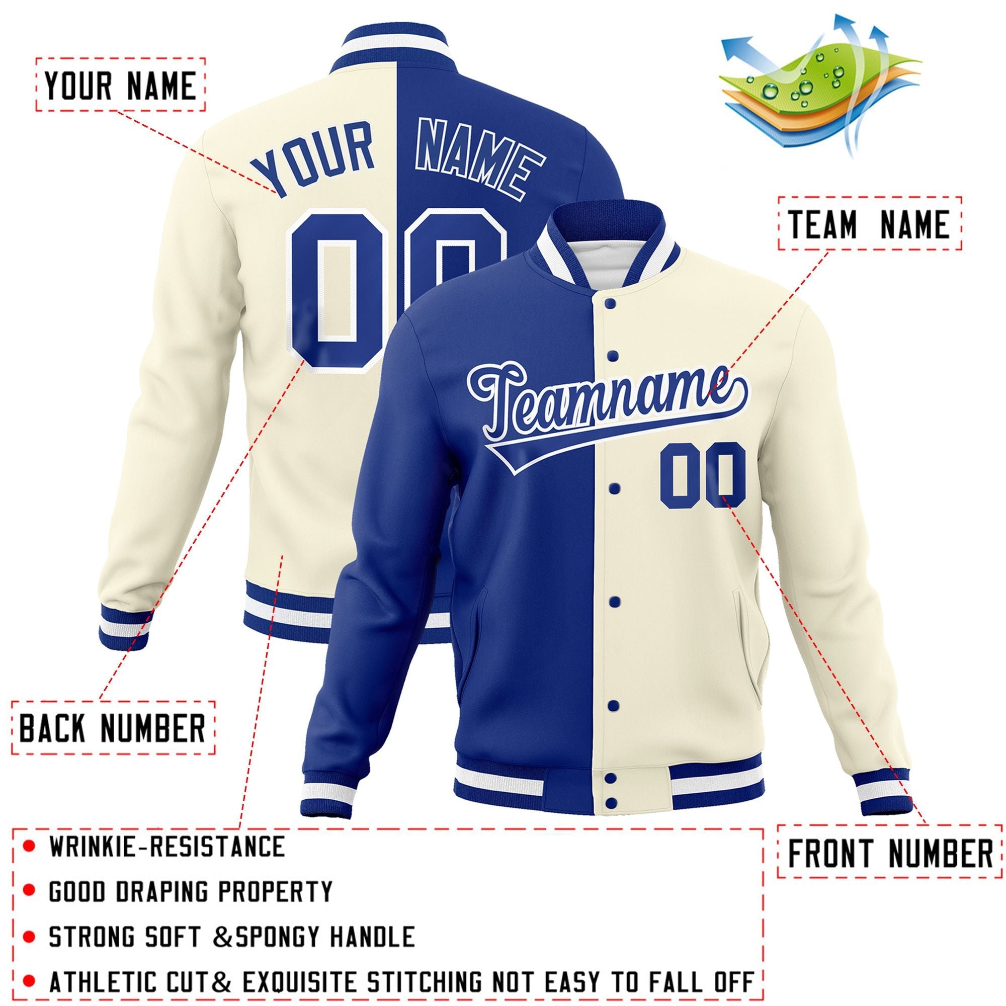 Custom Royal Khaki-Royal Varsity Full-Snap Letterman Veste de mode fendue bicolore