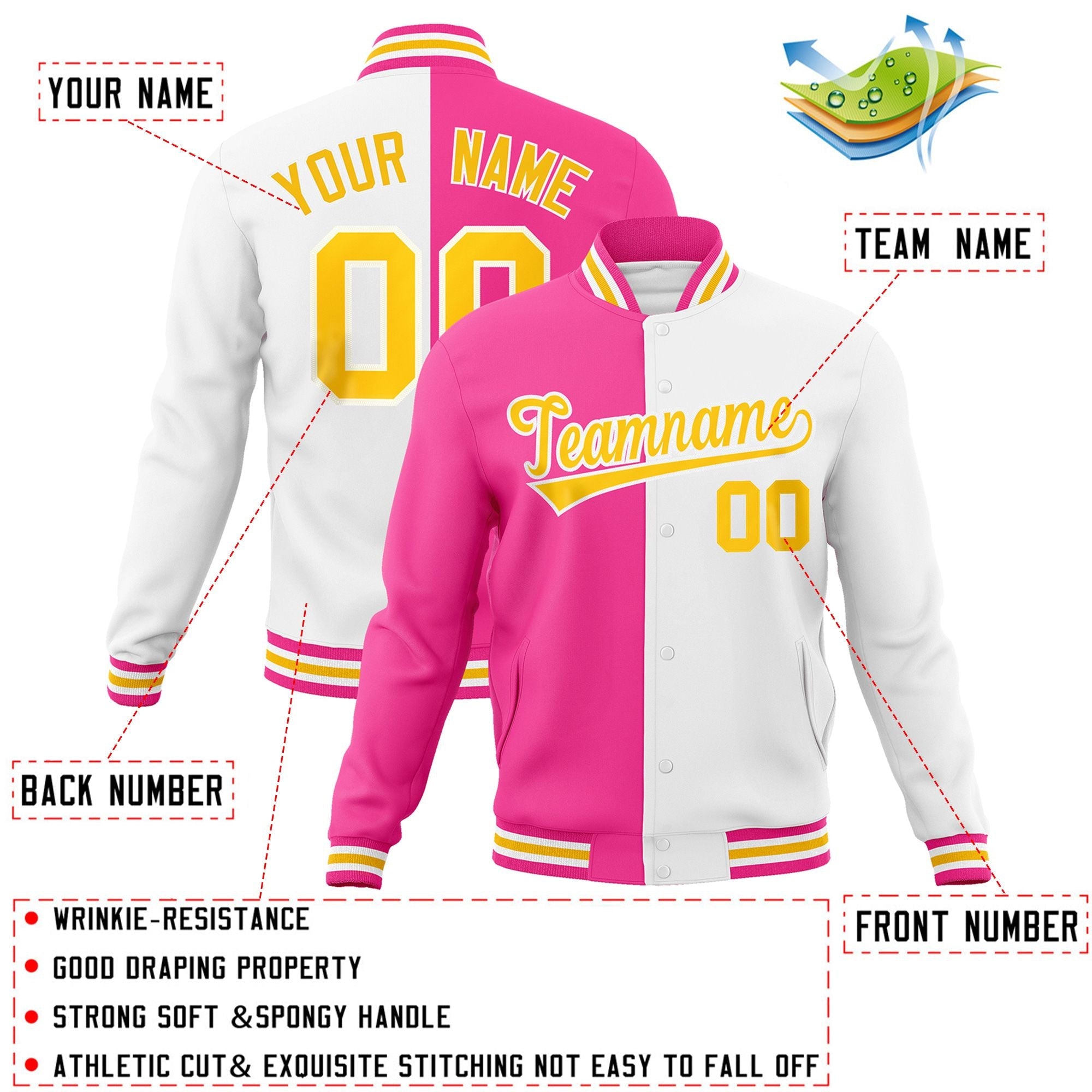 Veste de mode fendue bicolore personnalisée rose blanc-or Varsity Full-Snap Letterman