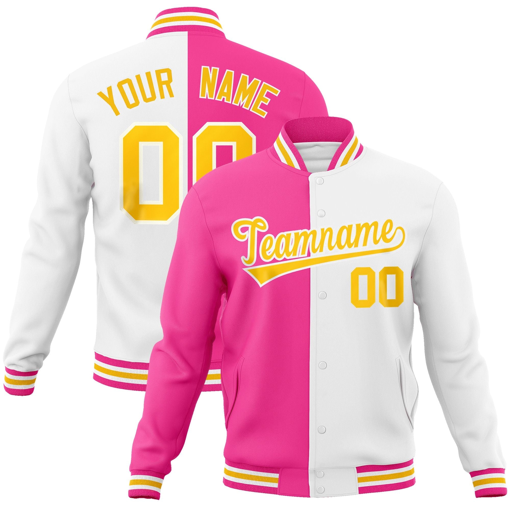 Custom Pink White-Gold Varsity Full-Snap Letterman Two Tone Split Fashion Jacket