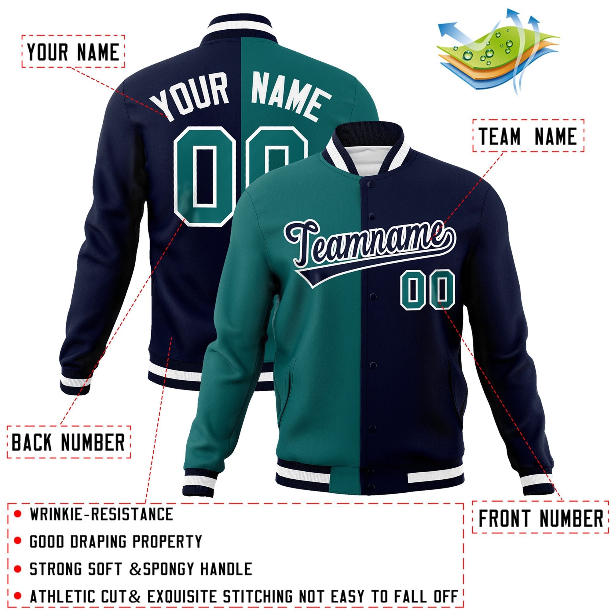 Veste de mode fendue bicolore personnalisée Aqua Navy-Black Varsity Full-Snap Letterman