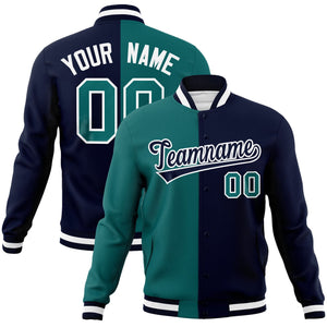 Custom Aqua Navy-Black Varsity Full-Snap Letterman Two Tone Split Fashion Jacket