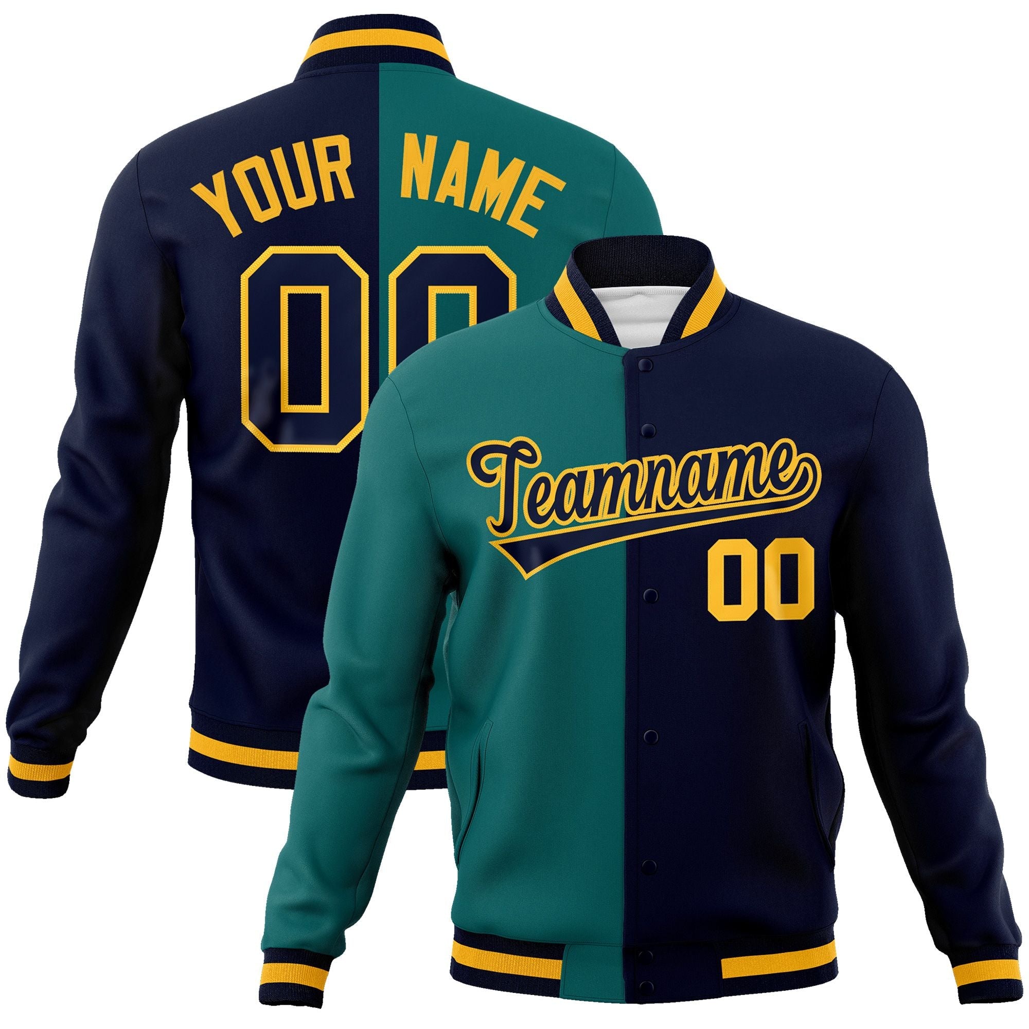 Custom Aqua Navy-Navy Varsity Full-Snap Letterman Two Tone Split Fashion Jacket