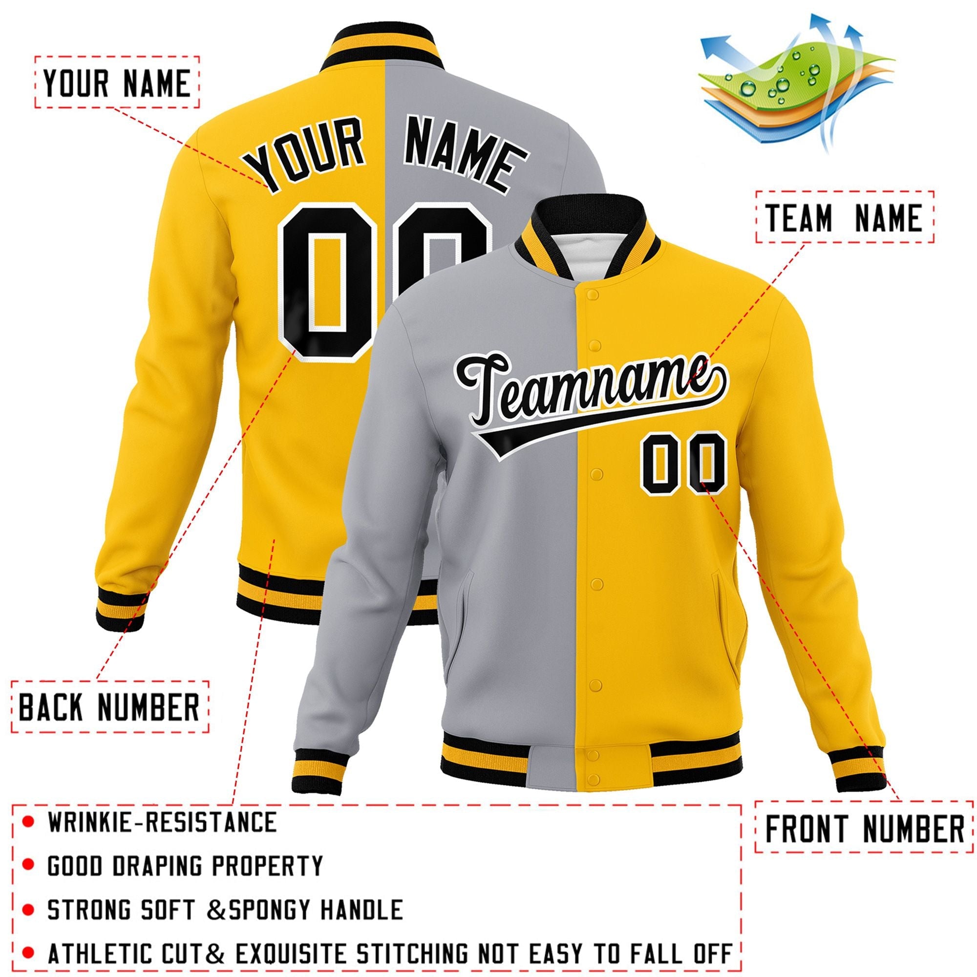 Veste de mode fendue bicolore personnalisée gris jaune-noir Varsity Full-Snap Letterman