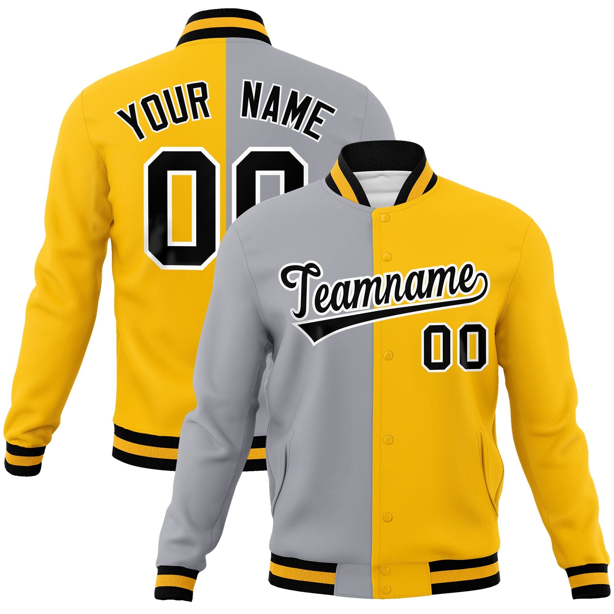 Custom Gray Yellow-Black Varsity Full-Snap Letterman Two Tone Split Fashion Jacket