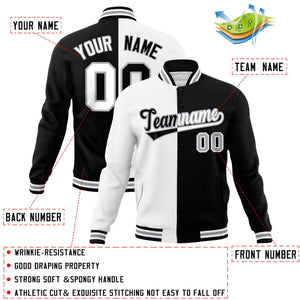 Veste de mode fendue bicolore personnalisée blanc noir-noir Varsity Full-Snap Letterman