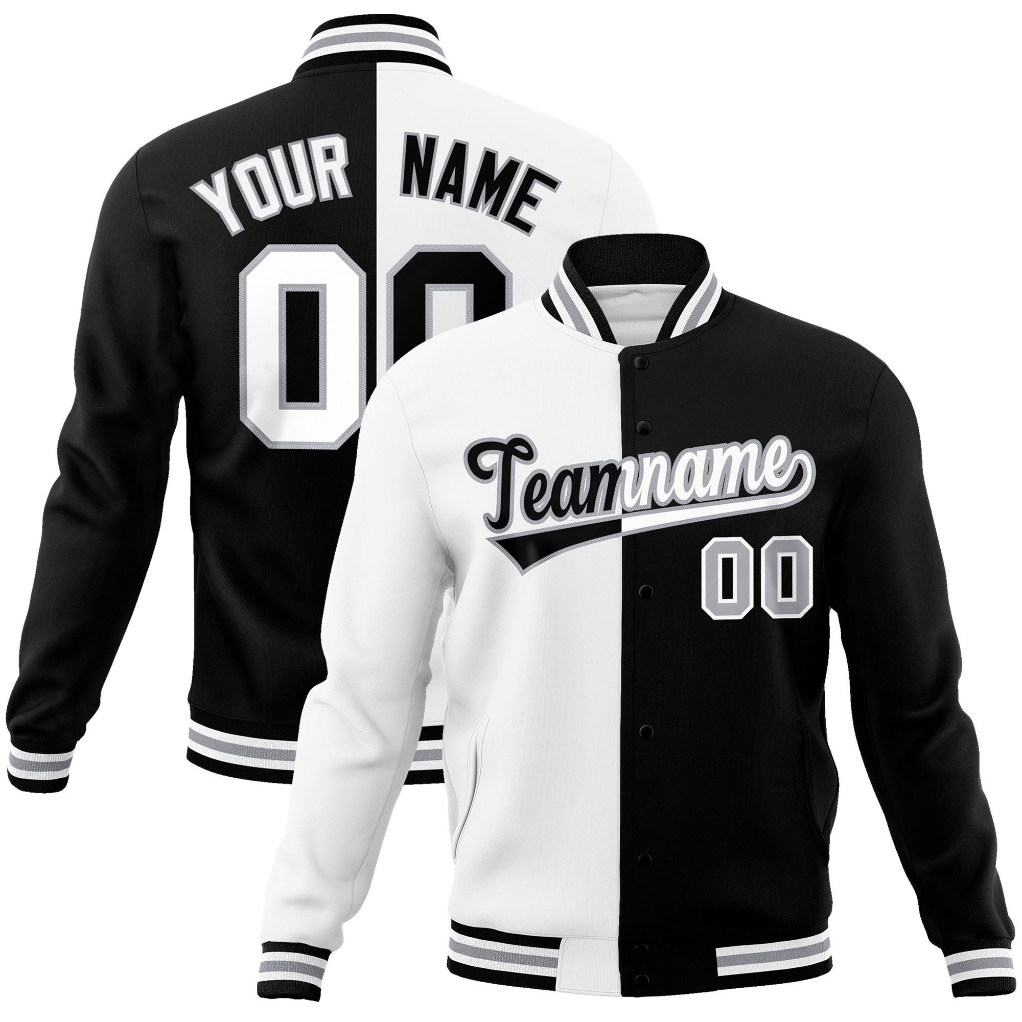 Custom White Black-Black Varsity Full-Snap Letterman Two Tone Split Fashion Jacket