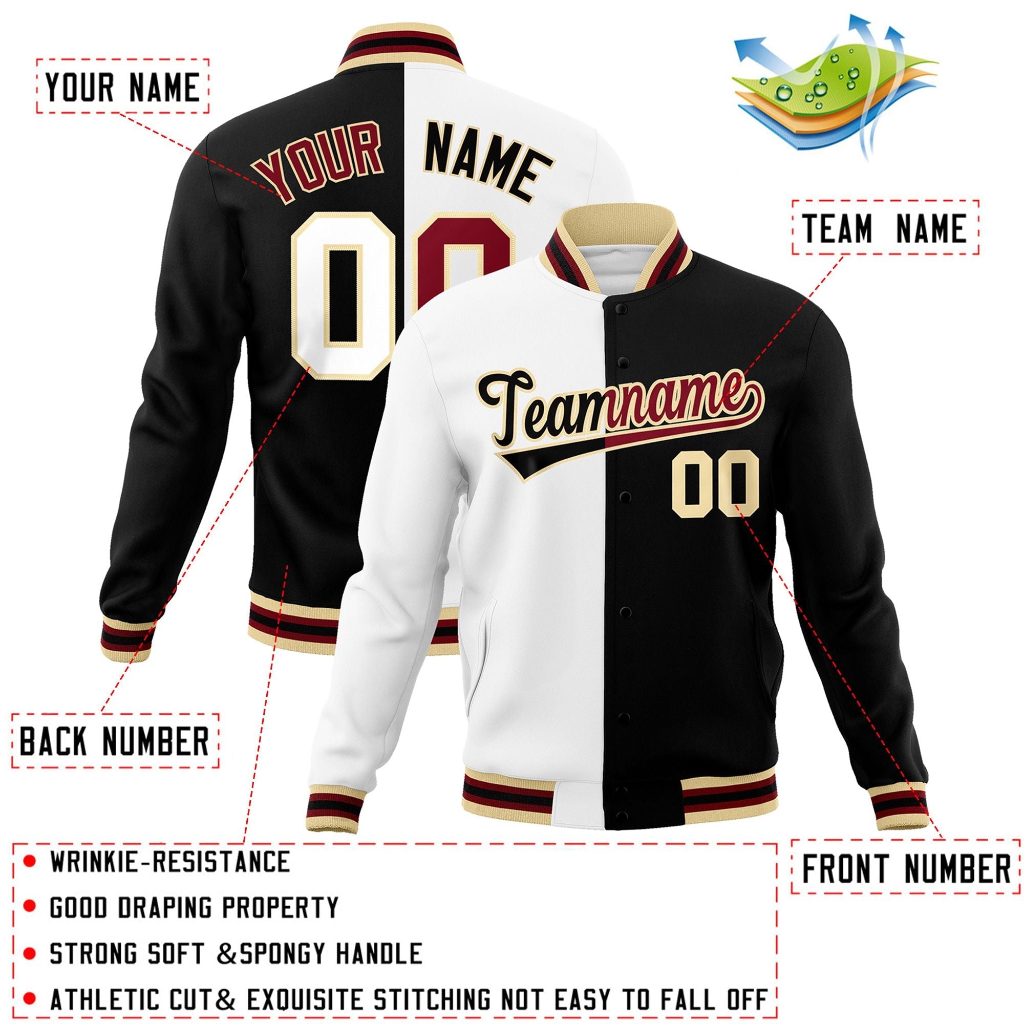 Veste de mode fendue bicolore personnalisée blanc noir-noir Varsity Full-Snap Letterman