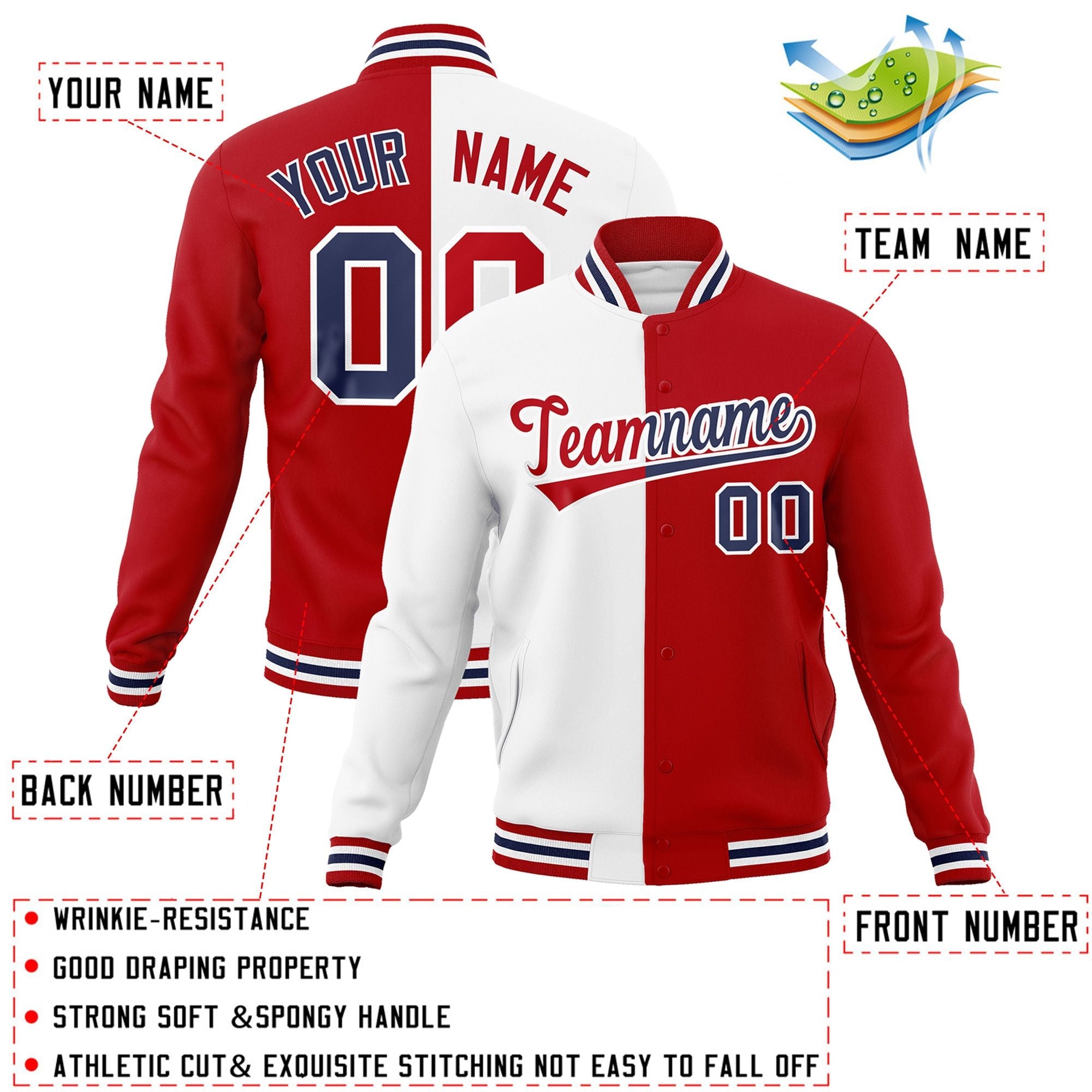 Veste de mode fendue bicolore personnalisée blanc rouge-rouge Varsity Full-Snap Letterman