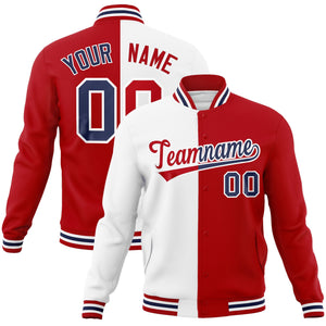 Custom White Red-Red Varsity Full-Snap Letterman Two Tone Split Fashion Jacket