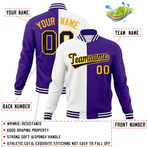 Custom White Purple-Black Varsity Full-Snap Letterman Two Tone Split Fashion Jacket