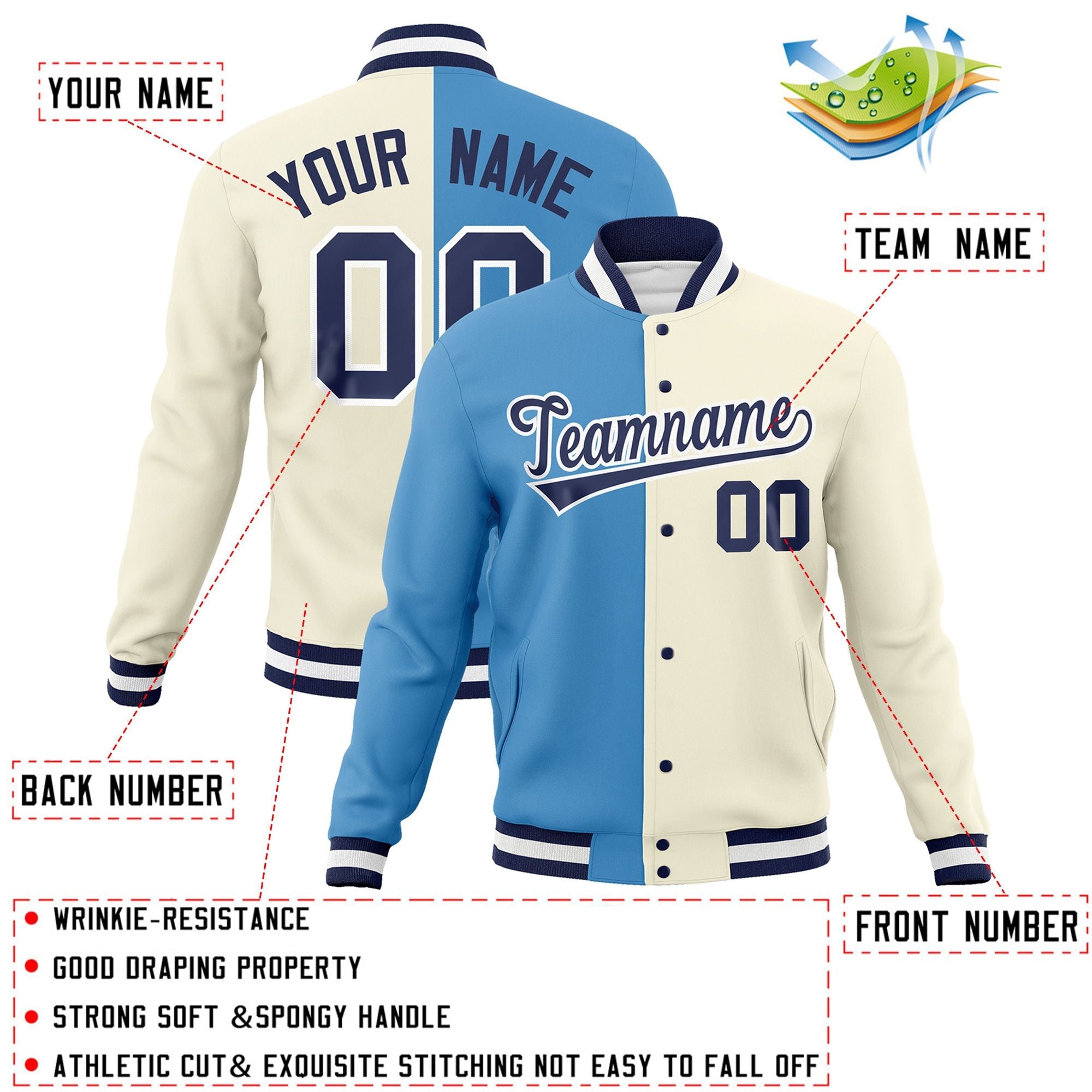 Veste de mode personnalisée bicolore kaki-marine Varsity Full-Snap Letterman