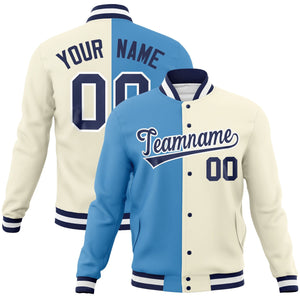 Custom Light Blue Khaki-Navy Varsity Full-Snap Letterman Two Tone Split Fashion Jacket