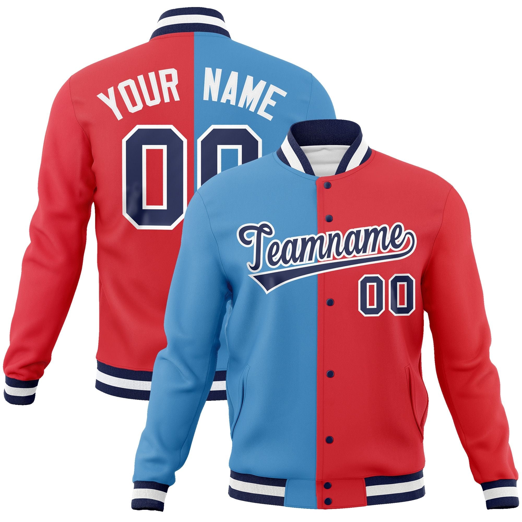 Custom Light Blue Light Red-Navy Varsity Full-Snap Letterman Two Tone Split Fashion Jacket