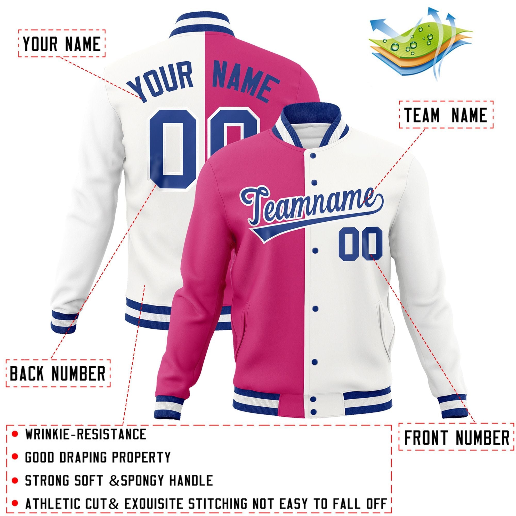 Custom Red White-Royal Varsity Full-Snap Letterman Two Tone Split Fashion Jacket